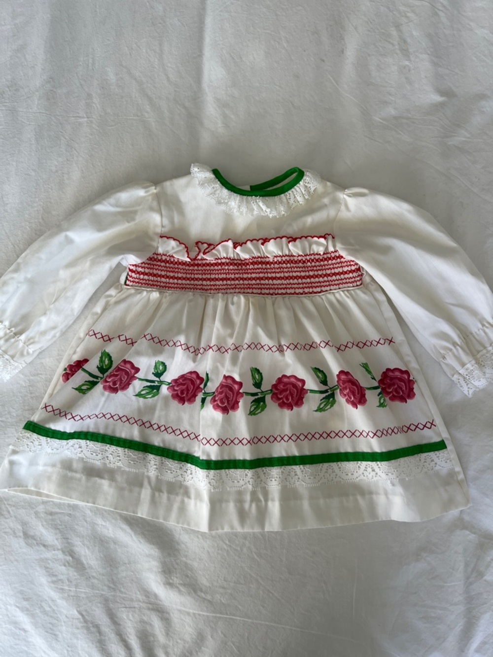 White Baby Dress with Pink Rose Embroidery and Green Trim